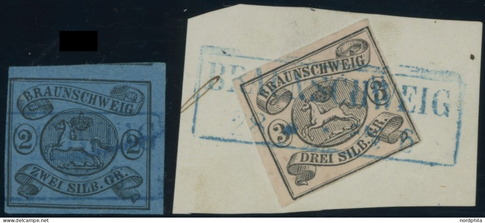 BRAUNSCHWEIG 7a, 8a BrfStk, 1853, 2 Sgr. Schwarz Auf Blau Und 3 Sgr. Schwarz Auf Mattrosa, 2 Werte Mit Ortsstempeln, Fei - Braunschweig