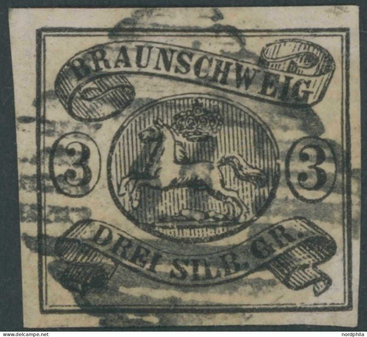 BRAUNSCHWEIG 8a O, 1853, 3 Sgr. Schwarz Auf Mattrosa, Zentrischer Nummernstempel 11 (DELLINGEN), Kabinett, Signiert, H.K - Brunswick