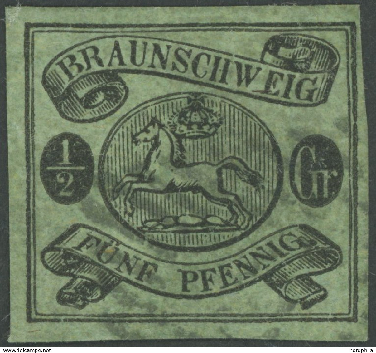 BRAUNSCHWEIG 10A O, 1863, 1/2 Gr. Schwarz Auf Lebhaftgraugrün, Pracht, Signiert H. Krause, Mi. 300.- - Braunschweig