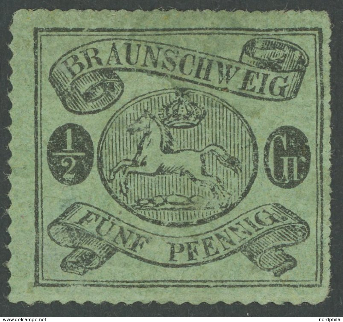 BRAUNSCHWEIG 10B , 1864, 1/2 Gr. Schwarz Auf Lebhaftgraugrün, Bogenförmig Durchstochen 16, Falzreste, Pracht, Fotoattest - Braunschweig