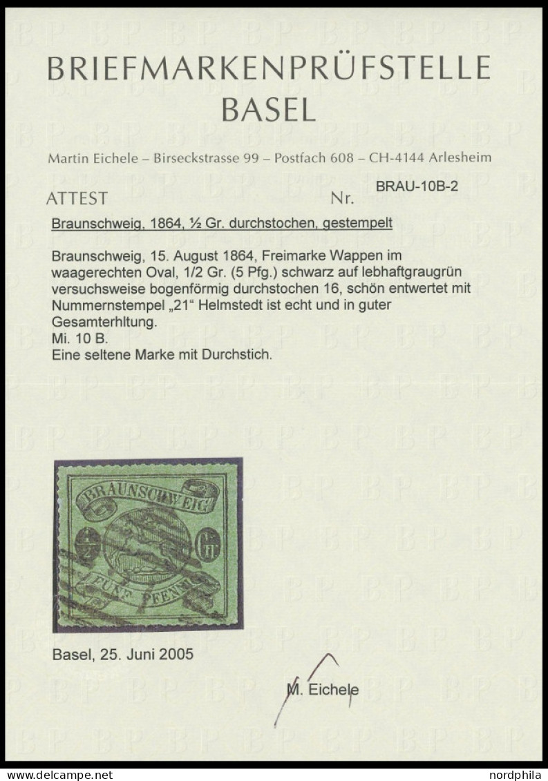 BRAUNSCHWEIG 10B O, 1864, 1/2 Gr. Schwarz Auf Lebhaftgraugrün, Bogenförmig Durchstochen 16, Nummernstempel 21 (Helmstedt - Braunschweig