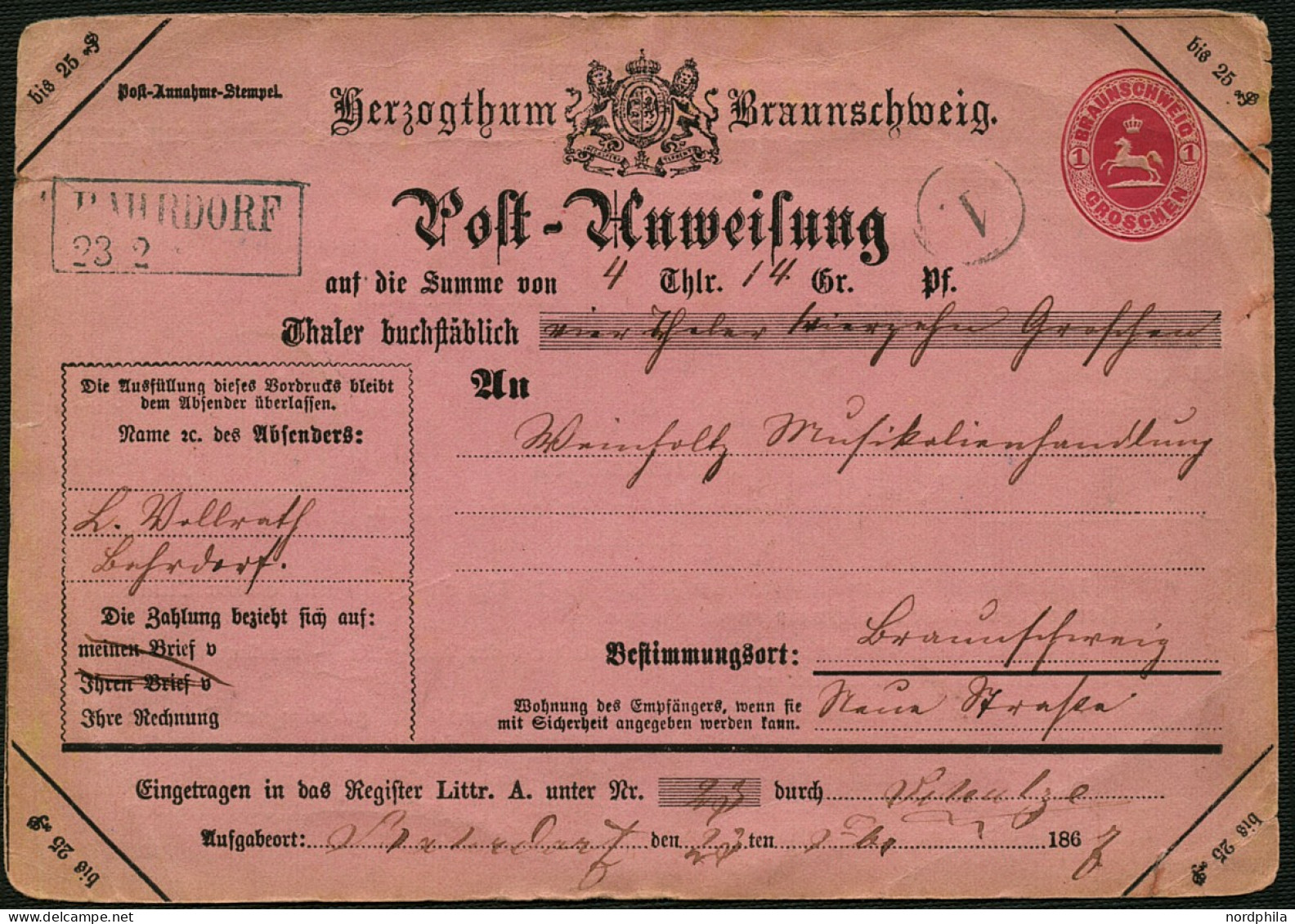 BRAUNSCHWEIG Braunschweig 1867, Postanweisung - Dienstformular In Rosa Mit Wertstempel 1 Groschen, A3, Type III/2, über  - Brunswick
