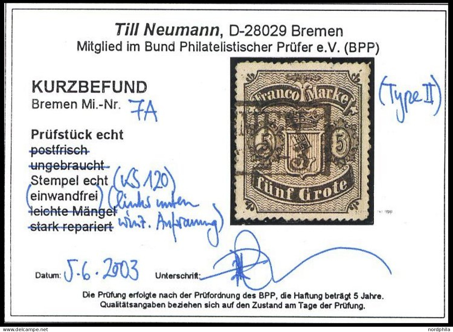 BREMEN 7A O, 1862, 5 Gr. Schwarz Auf Mattgraubraun, Durchstich D 1I, Type II, Feinst, Kurzbefund Neumann, Mi. 300.- - Bremen