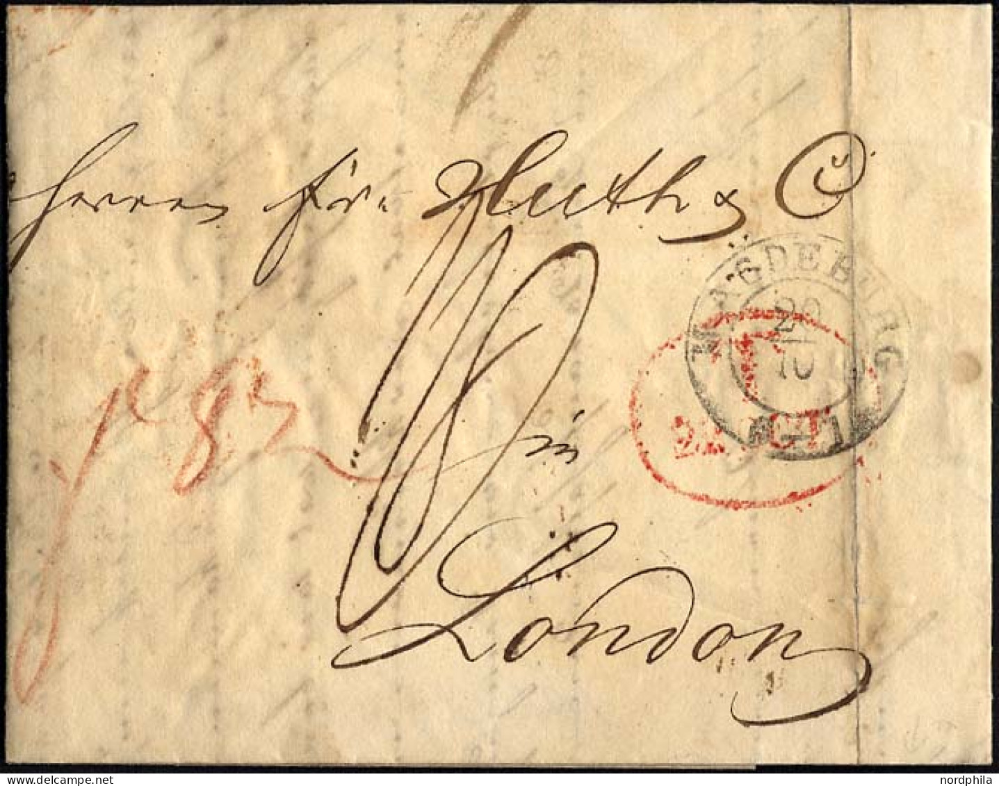 HAMBURG - GRENZÜBERGANGSSTEMPEL 1841, T 22 OCT, In Rot Auf Brief Von Magdeburg (K2) Nach London, Rückseitig Sonderform H - Prephilately