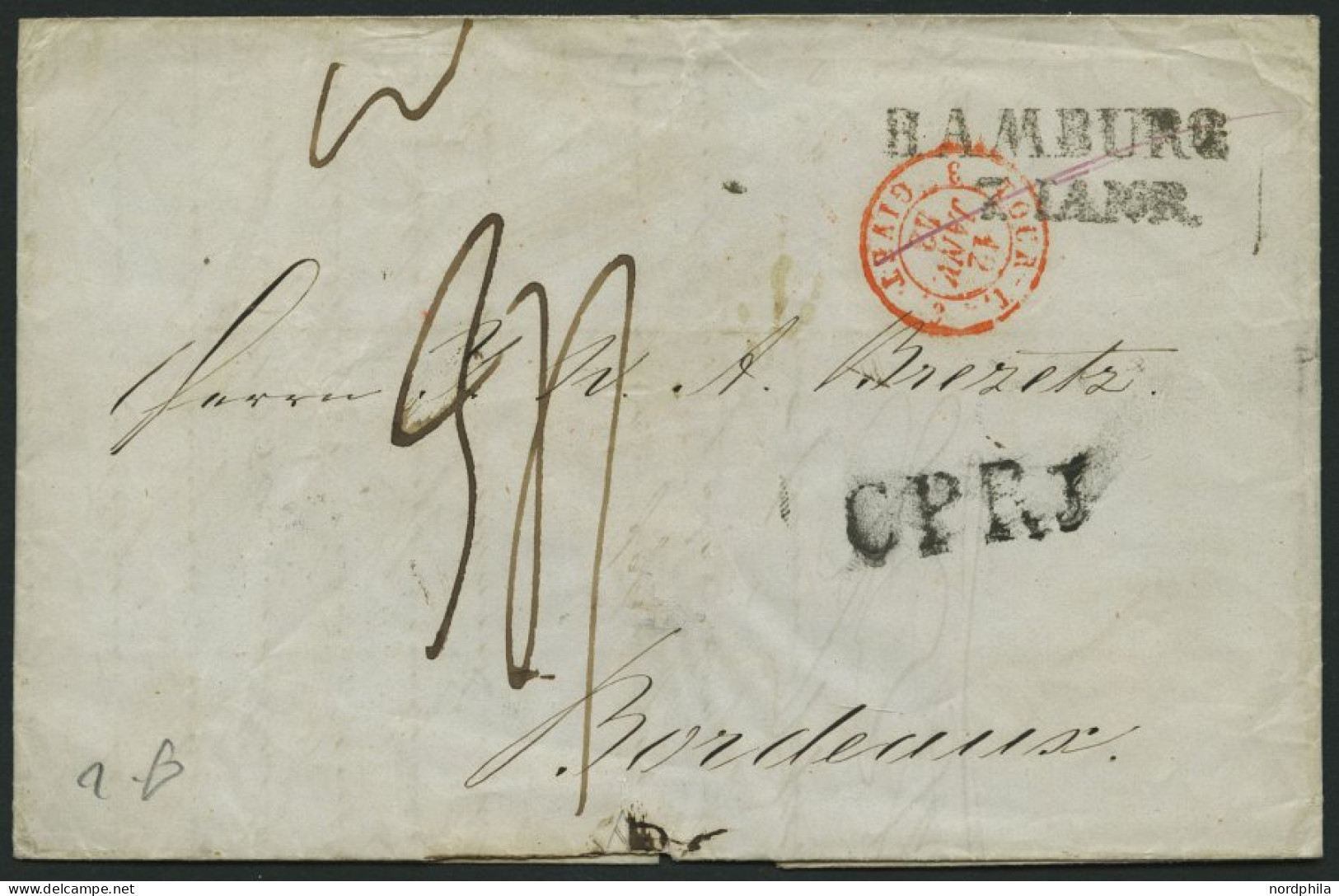 HAMBURG - GRENZÜBERGANGSSTEMPEL 1843, C P R 3, L1 Auf Brief Von Hamburg (L2) Nach Bordeaux, Pracht - Precursores