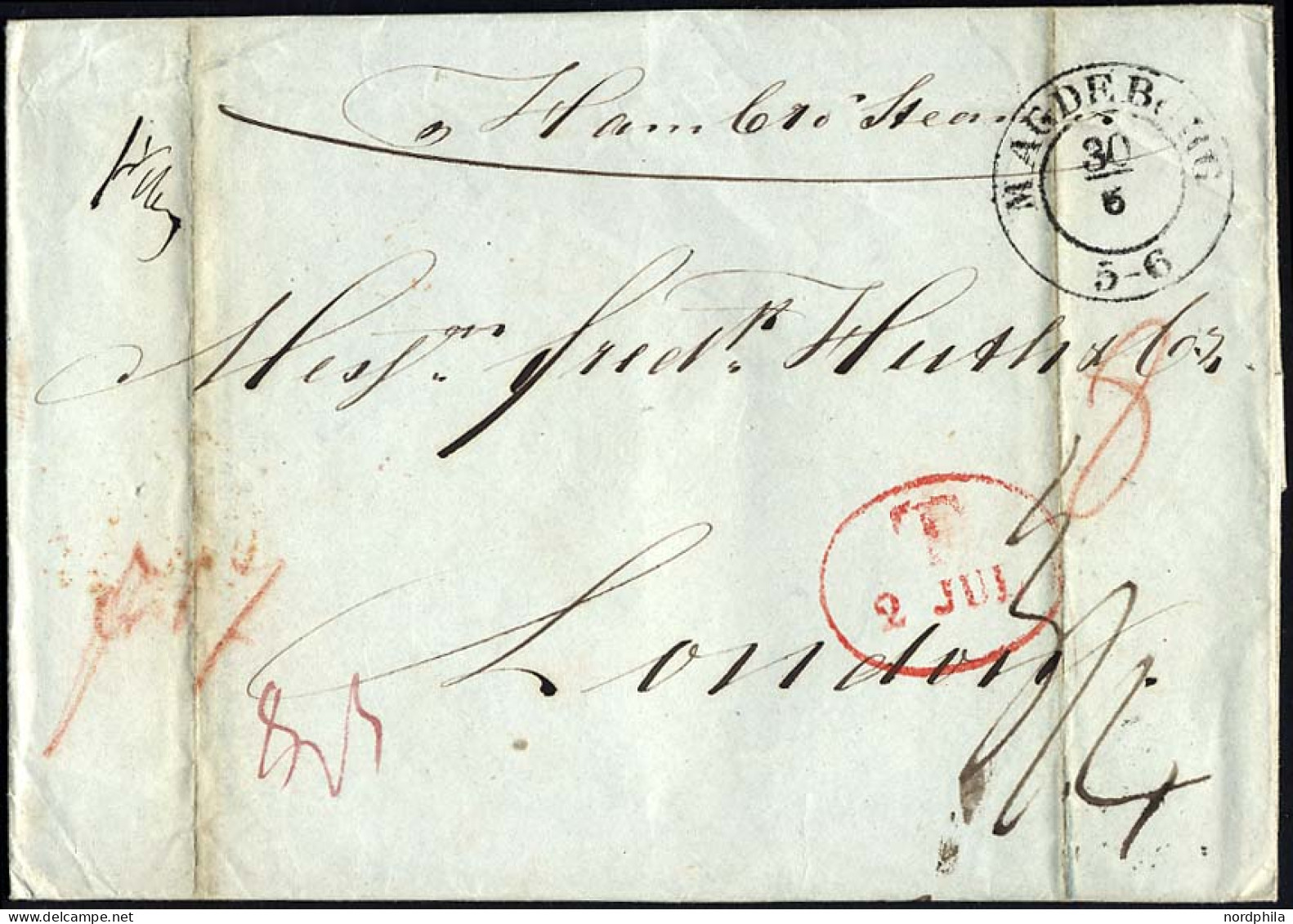 HAMBURG 1844, T 2 JUL, Rote Sonderform Auf Brief Von Magdeburg (K2) Per HAMBURG STEAMER Nach London, Rückseitig Kleiner  - Prephilately