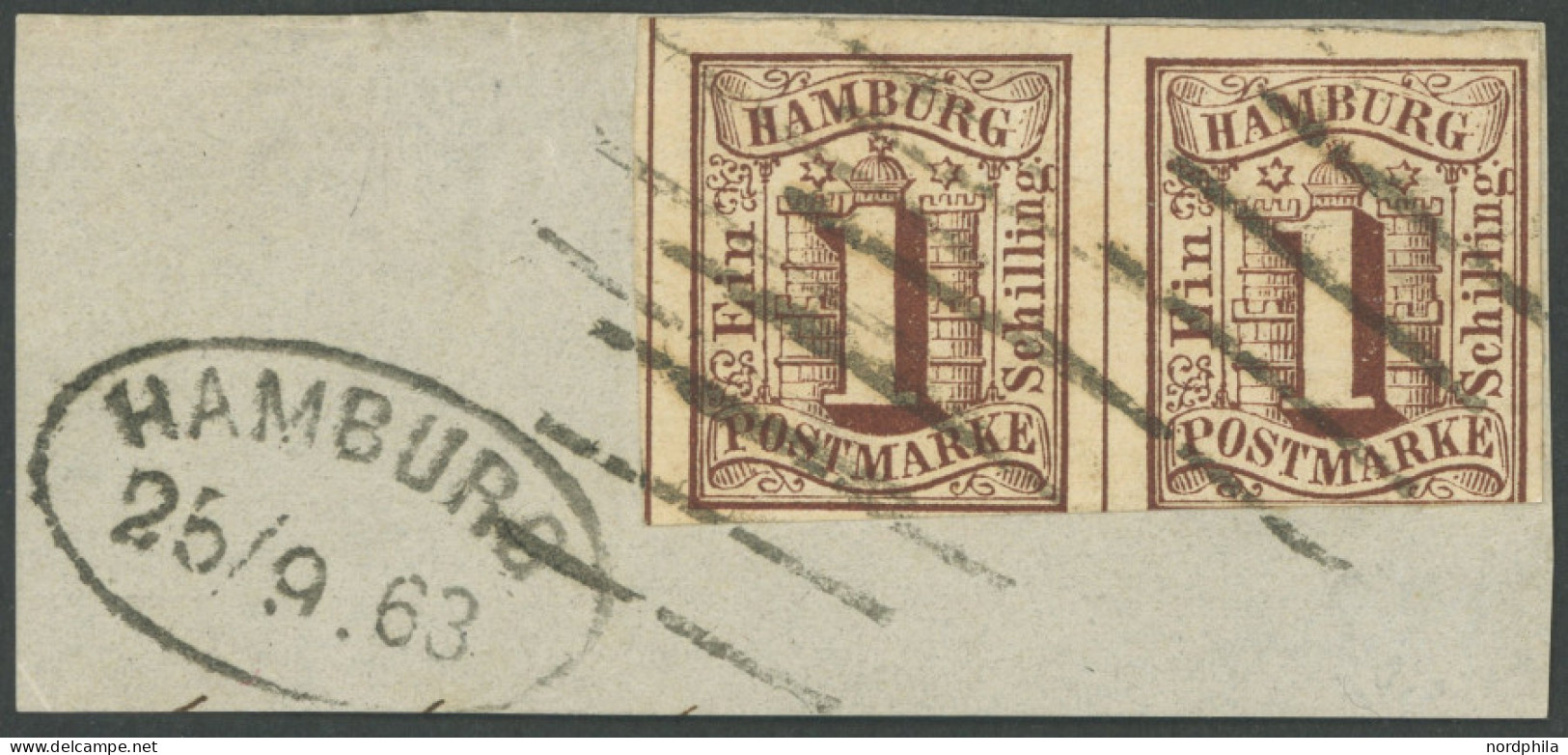 HAMBURG 2 Paar BrfStk, 1859, 1 S. Rotbraun Im Waagerechten Paar, Rechte Marke Unten Angeschnitten Sonst Voll-überrandige - Hamburg (Amburgo)