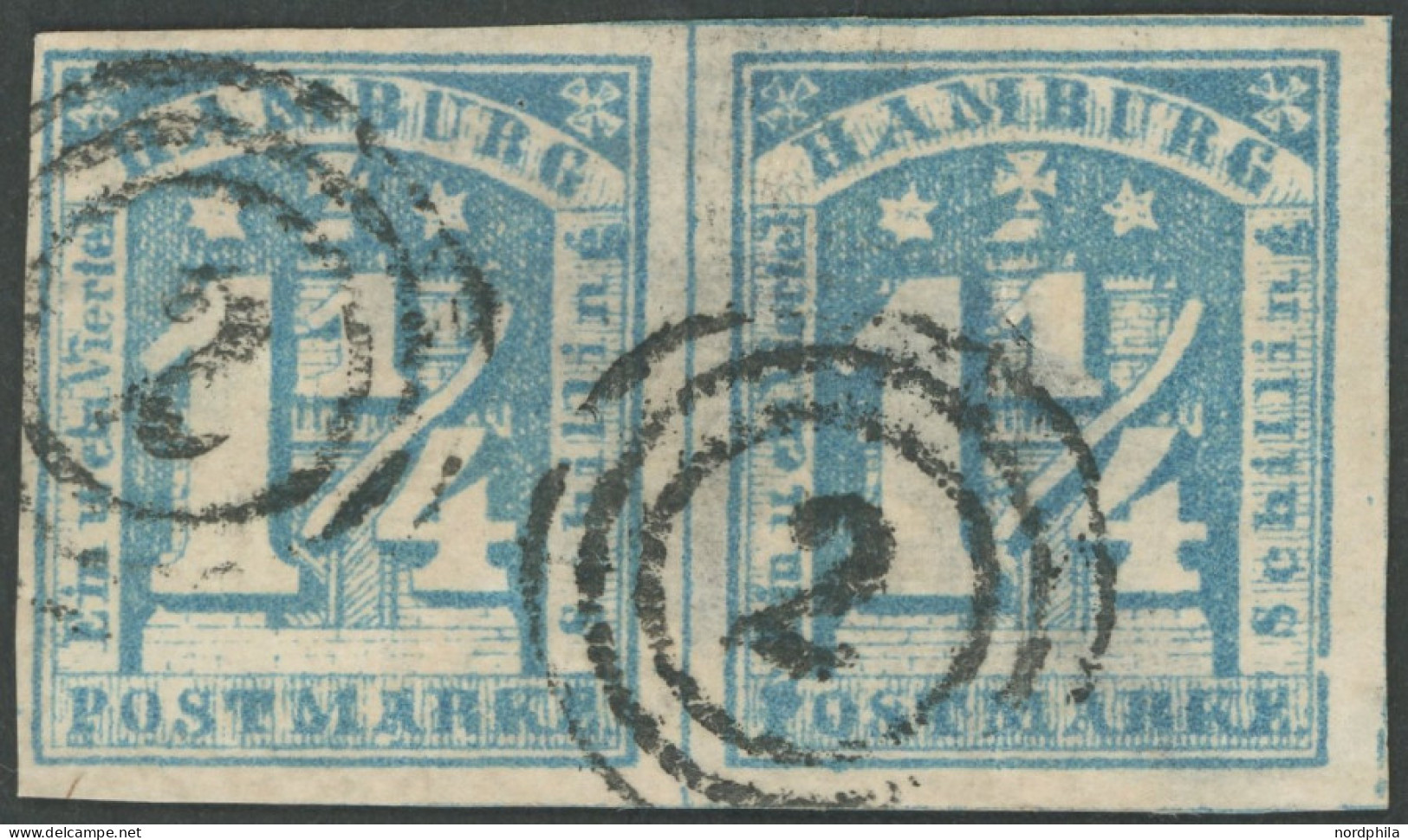 HAMBURG 8g Paar O, 1864, 11/4 S. Stumpfblau Im Waagerechten Voll-breitrandigen Paar, Rückseitig Große Dünne Stelle, Foto - Hambourg