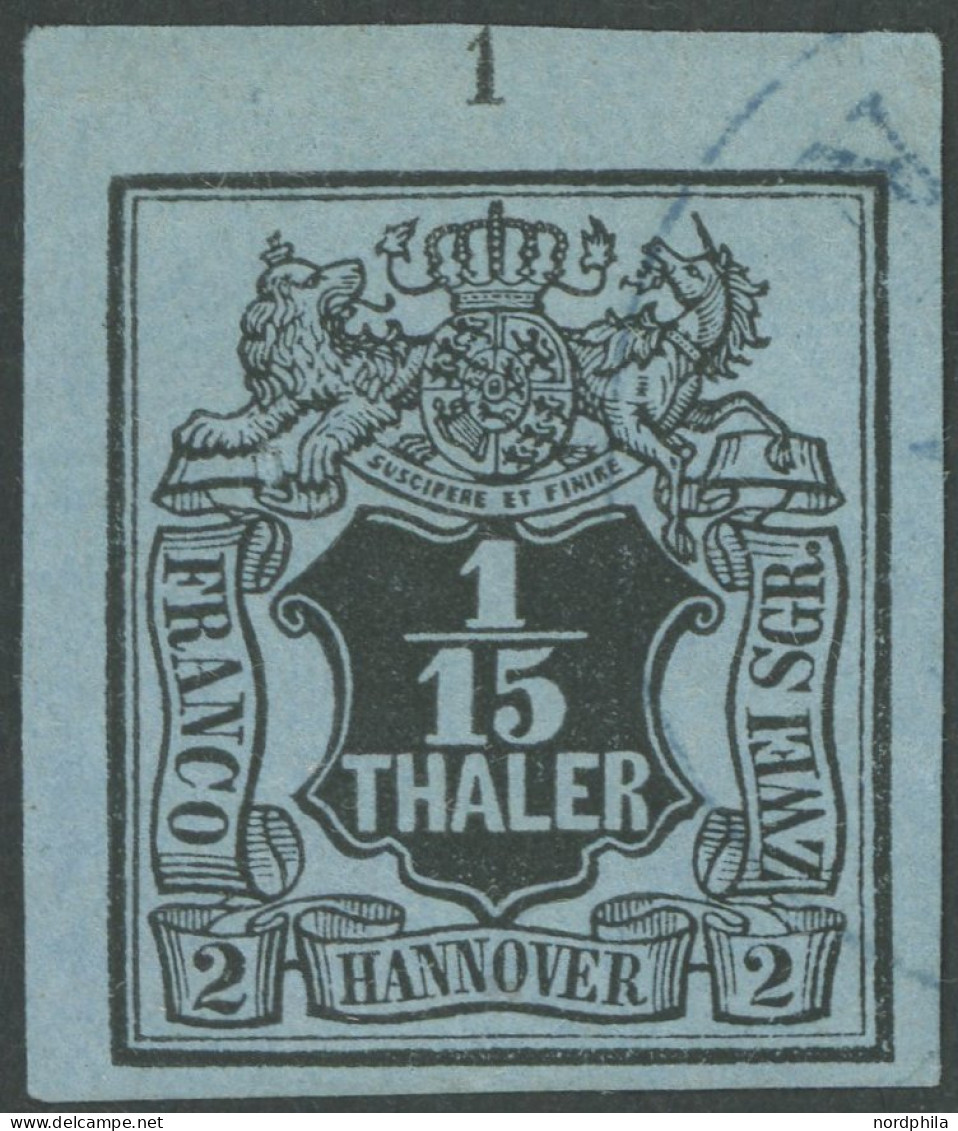 HANNOVER 4 O, 1851, 1/15 Th. Schwarz Auf Graublau, Oberer Rechte Bogenecke Mit Reihenzähler 1, Pracht, Gepr. Berger - Hanover