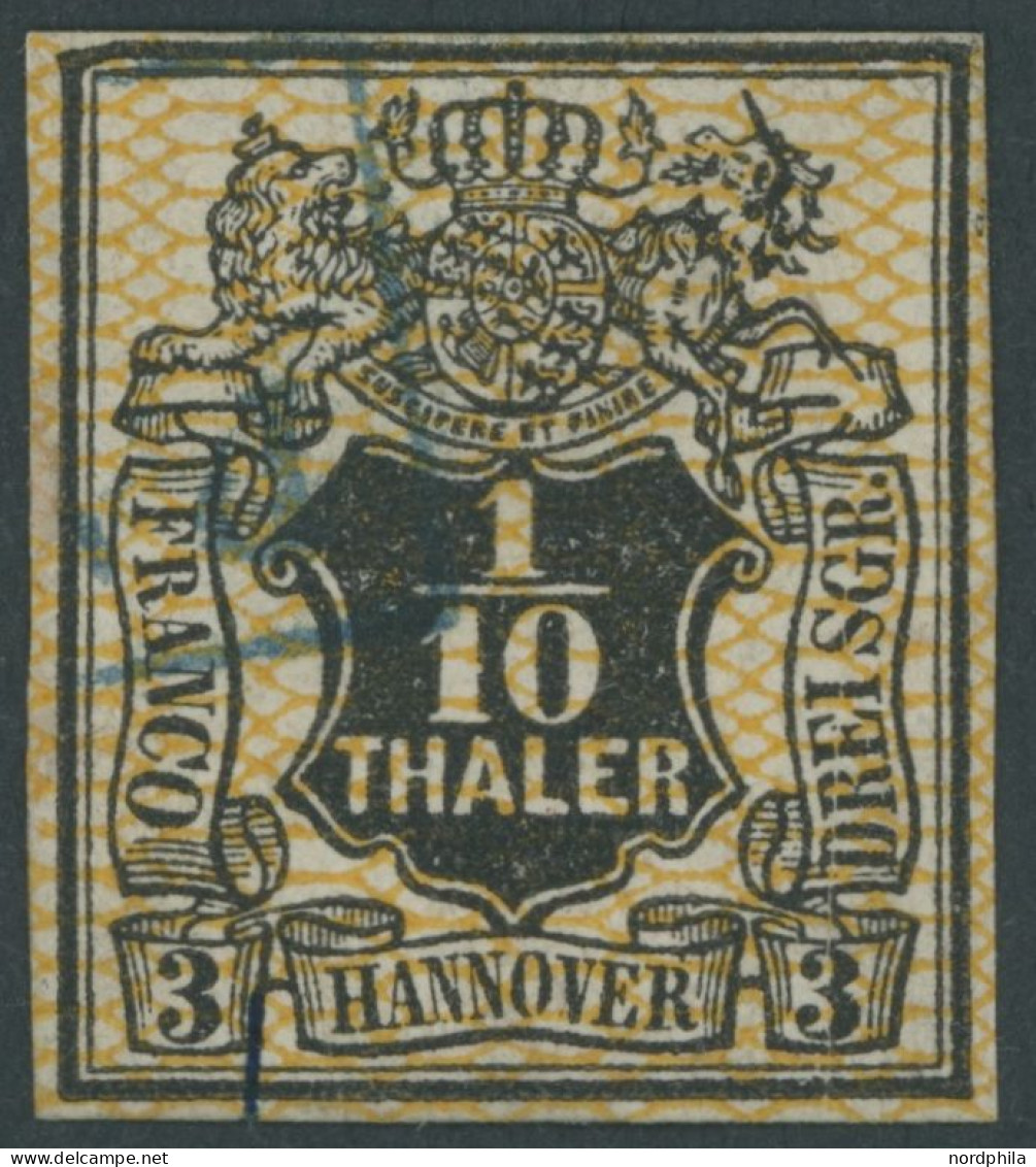 HANNOVER 12I O, 1856, 1/10 Th. Schwarz/orangegelb Mit Plattenfehler Huf Des Einhorns Fehlt, Pracht, Mi. 250.- - Hannover