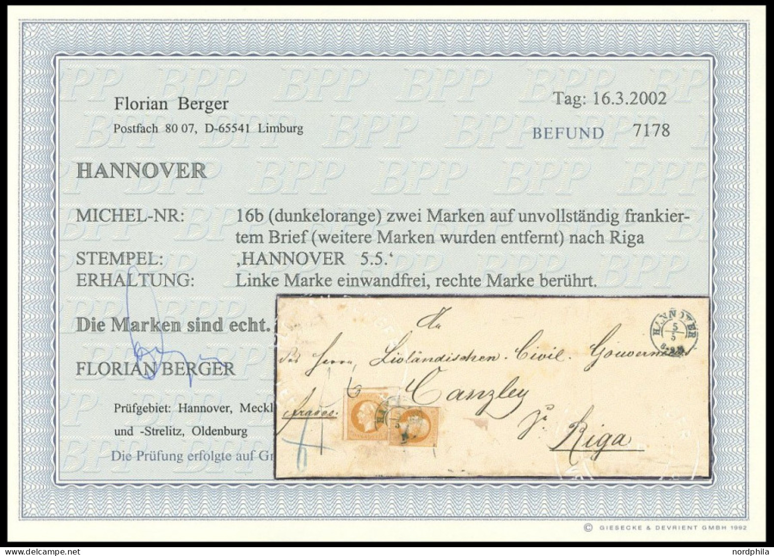 HANNOVER 16b BRIEF, 1859, 3 Gr. Gelborange, 2x Auf Briefhülle, Linke Marke Riesenrandiges Prachtstück Mit Reihenzähler 6 - Hannover