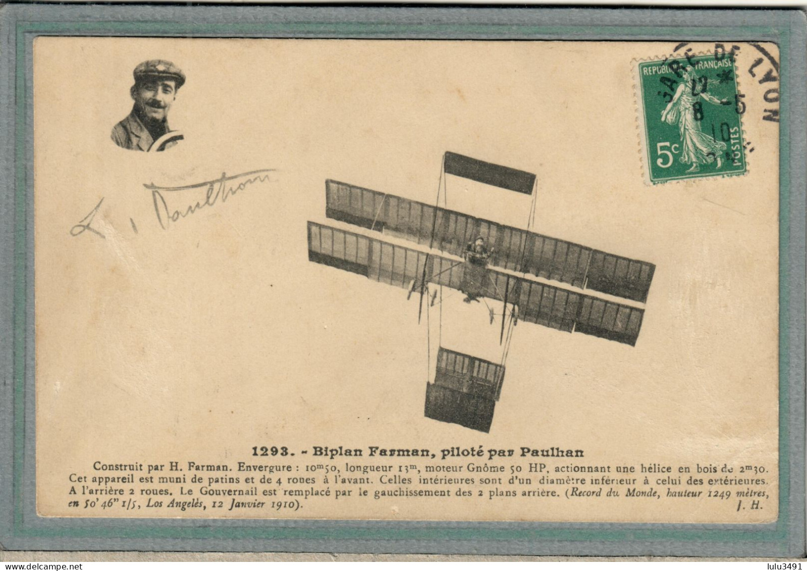 CPA - Thème: AVIATION, Oiseaux De France, Aéroplane-Biplan Farman, Aviateur, Piloté Par Paulhan En 1910 - Aviateurs