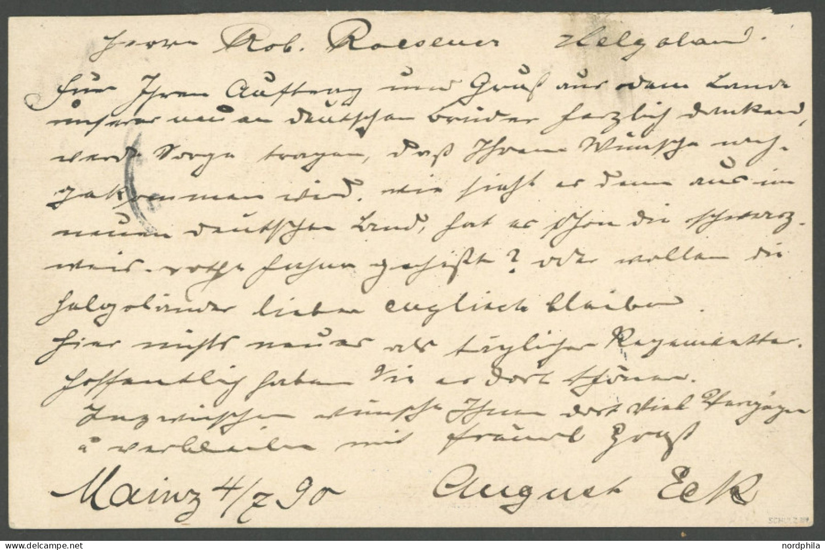 HELGOLAND P 7A BRIEF, 1890, 10 Pf. Grauschwarz, Antwortteil Von MAINZ 3 Nach Helgoland, Pracht, R!, Gepr. Schulz - Heligoland