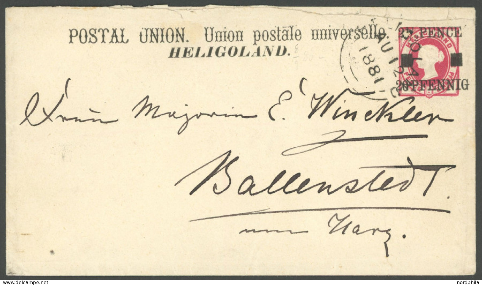 HELGOLAND U 2I BRIEF, 1881, 20 Pf. Auf 10 Pf. Rot, Pfennig In Gleichmäßigen Typen, Auf Brief Nach Ballenstedt, Oben Leic - Heligoland