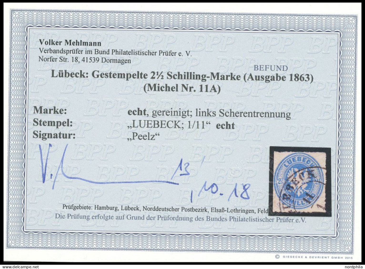 LÜBECK 11 O, 1863, 21/2 S. Dunkelultramarin, Links Scherentrennung, Feinst, Fotobefund Mehlmann, Mi. 500.- - Luebeck