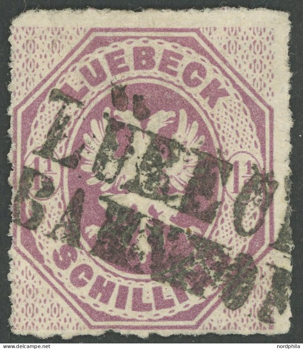 LÜBECK 14 O, 1865, 11/2 S. Dunkelbraunpurpur, L2 LÜBECK BAHNHOF, Pracht - Luebeck