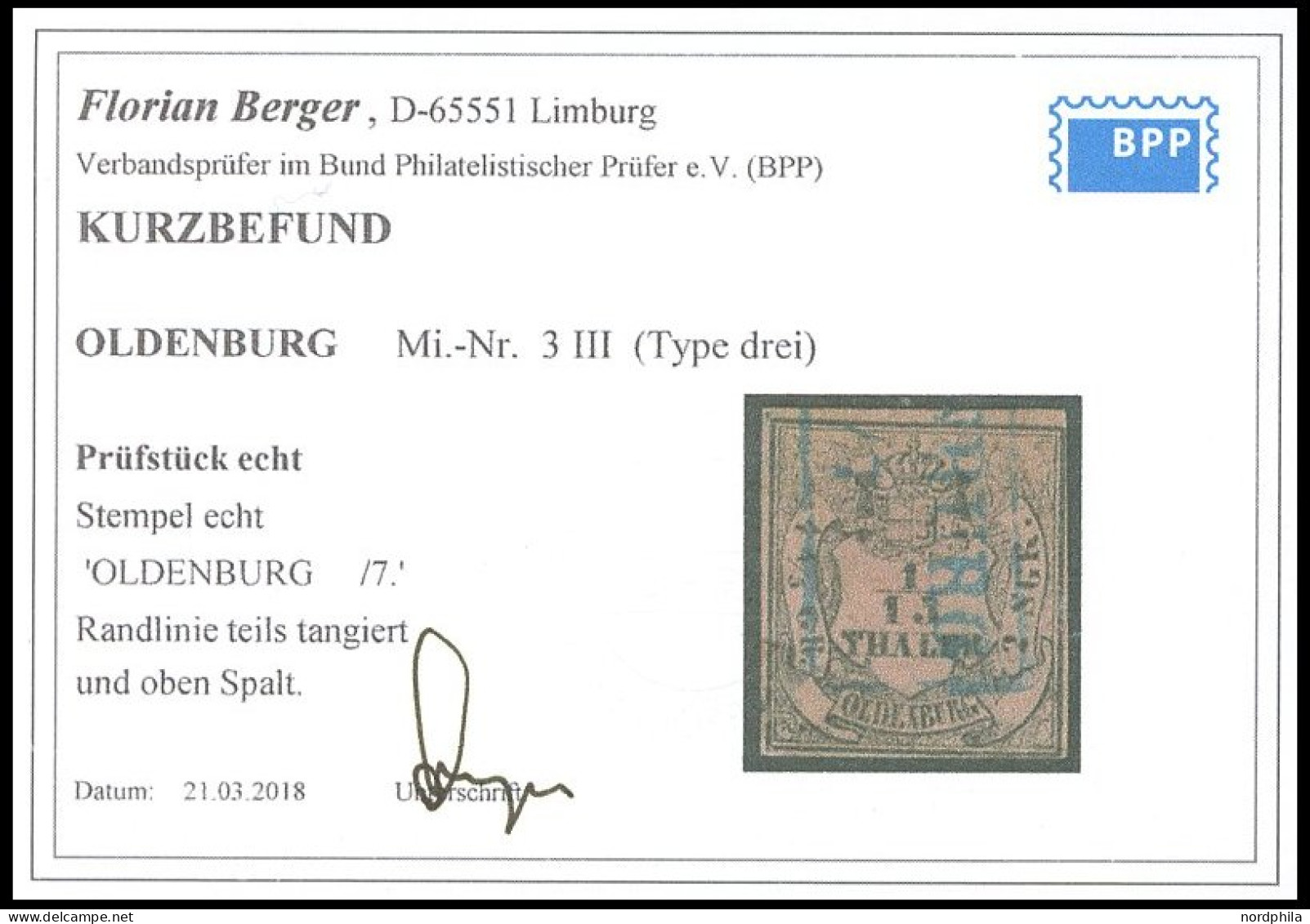 OLDENBURG 3III O, 1859, 1/15 Th. Schwarz Auf Mattbräunlichrot, Type III, Feinst (oben Spalt), Kurzbefund Berger, Mi. 320 - Oldenburg