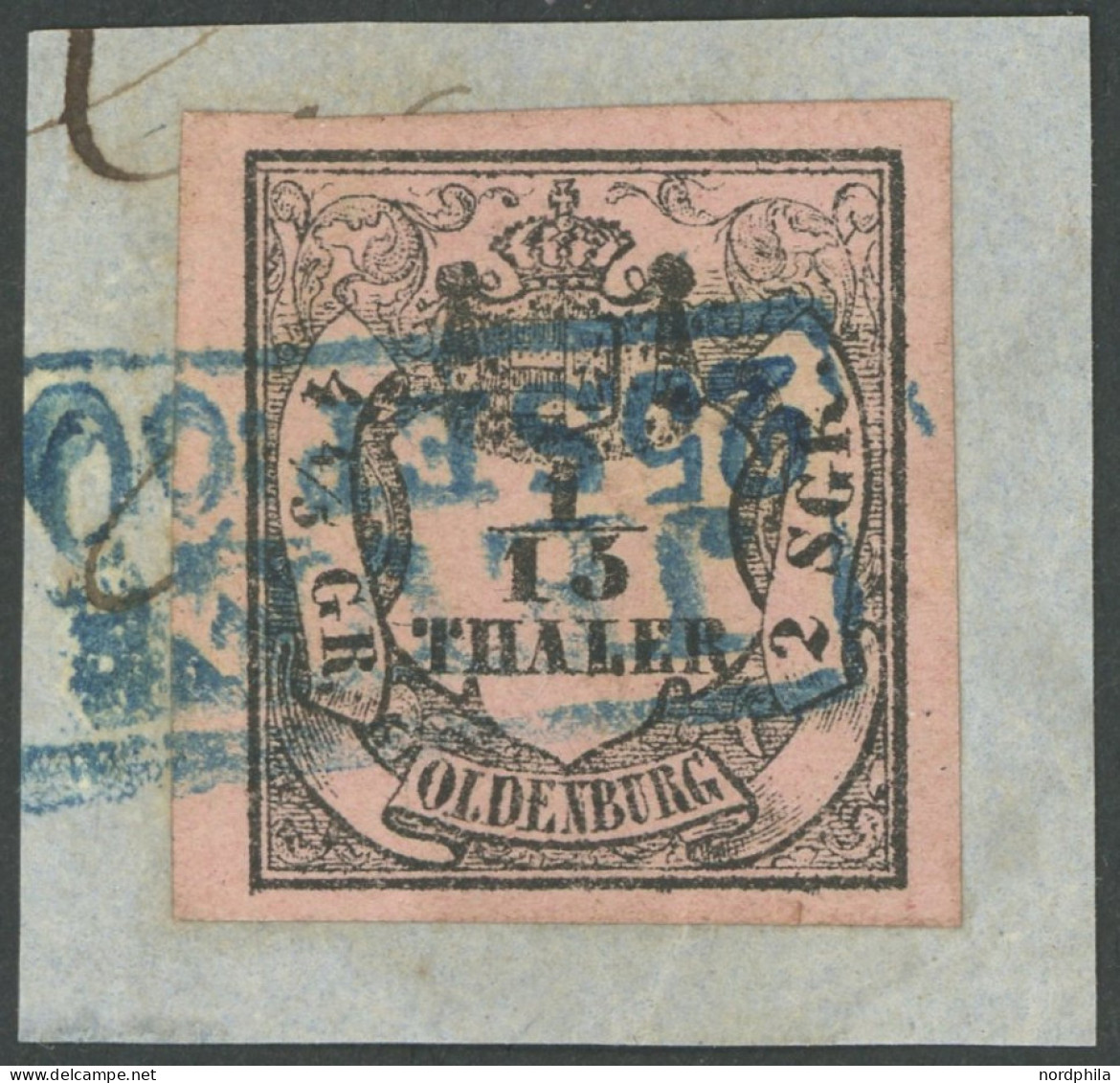 OLDENBURG 3III BrfStk, 1859, 1/15 Th. Schwarz Auf Mattbräunlichrot, Type III, Blauer R2 JEVER, Allseits Breitrandiges Pr - Oldenburg