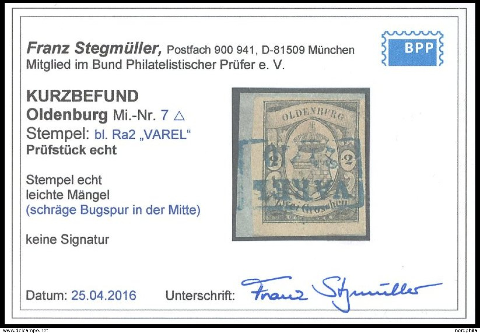 OLDENBURG 7 BrfStk, 1859, 2 Gr. Schwarz Auf Mattrötlichkarmin, Voll-überrandig, Blauer R2 VAREL, Leichte Bugspur Sonst P - Oldenbourg