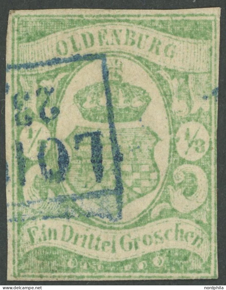 OLDENBURG 10a O, 1861, 1/3 Gr. Blaugrün, Blauer R2 LOHNE, Rechts Berührt Und Kleiner Randspalt, Fotobefund Berger, Mi. 1 - Oldenbourg