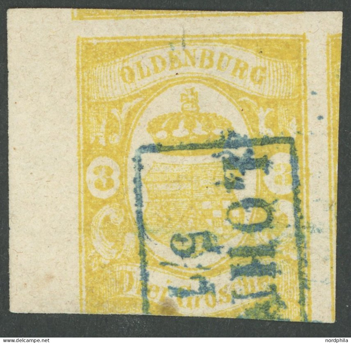 OLDENBURG 14 O, 1861, 3 Gr. Graugelb, Linkes Randstück (5 Mm!), Unten Angeschnitten Sonst Sehr Breitrandig Mit Teilen De - Oldenbourg