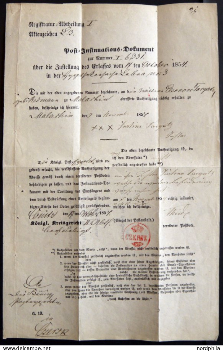 PREUSSEN CZERSK, L2 Auf Post-Insinuations-Dokoment (1854), Innen Roter Krone-Posthornstempel CZERSK, Pracht, R! - Brieven En Documenten