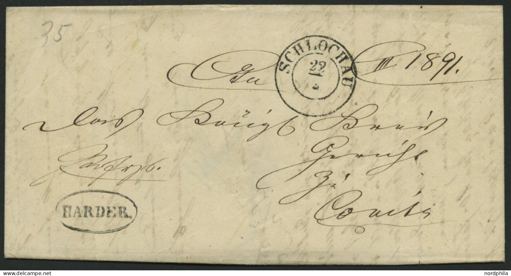 PREUSSEN SCHLOCHAU, K2 Auf Brief (1858) Mit Botenstempel HARDER, Pracht - Brieven En Documenten