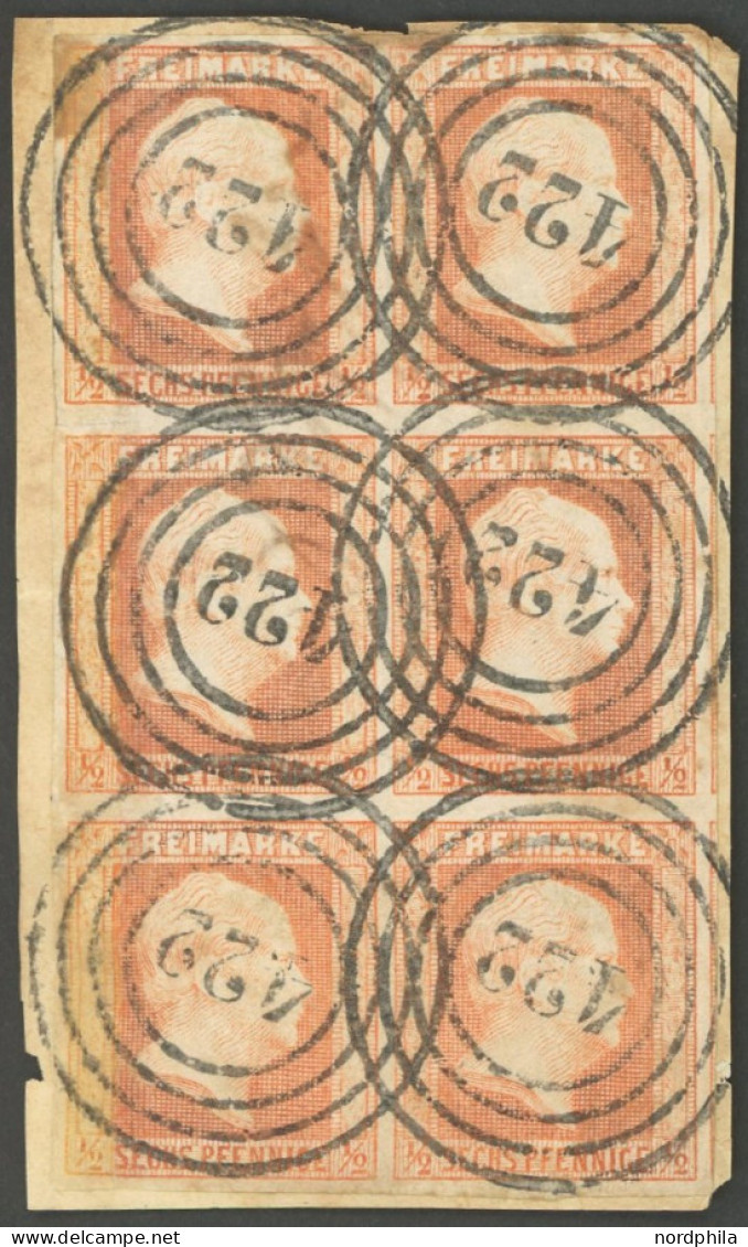 PREUSSEN 1 BrfStk, 1850, 1/2 Sgr. Rotorange Im Senkrechten Sechserblock, Allseits Voll-überrandig, Nummernstempel 422 (F - Andere & Zonder Classificatie