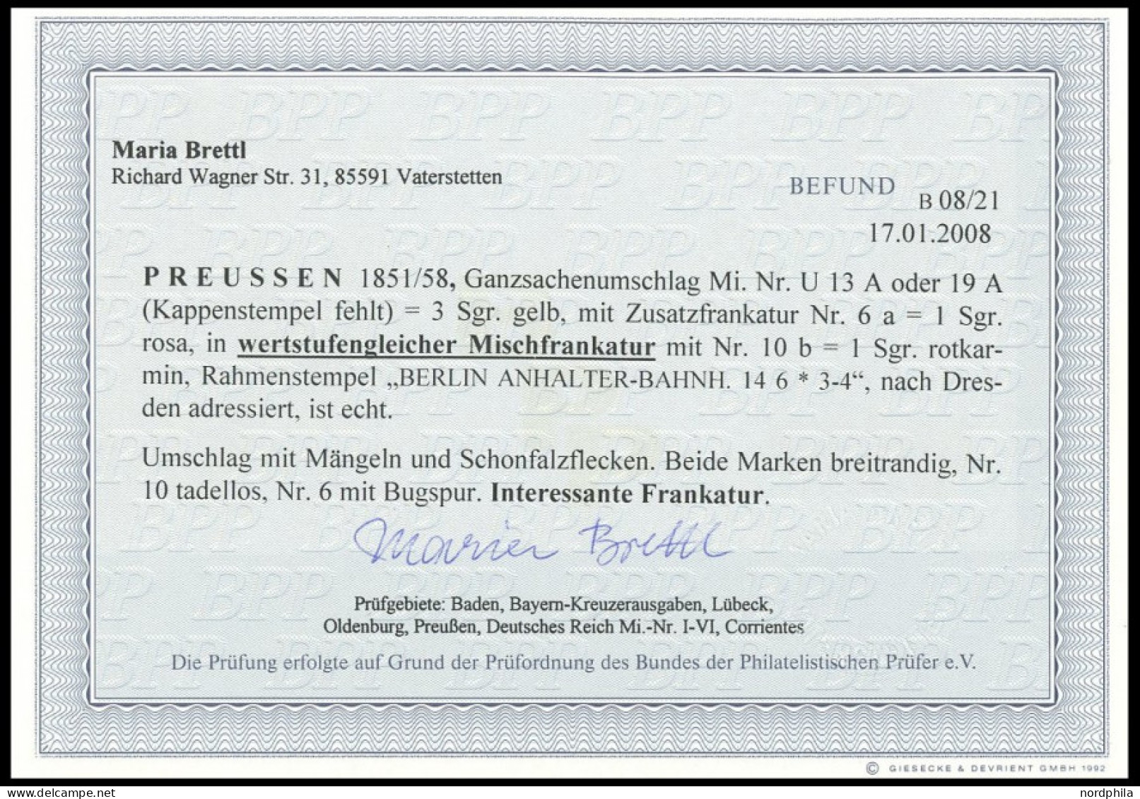 PREUSSEN 6a,10b BRIEF, 1857, 1 Sgr. Rosa, Wertstufengleiche Mischfrankatur Auf 3 Sgr. Gelb Ganzsachenumschlag (rückseiti - Other & Unclassified
