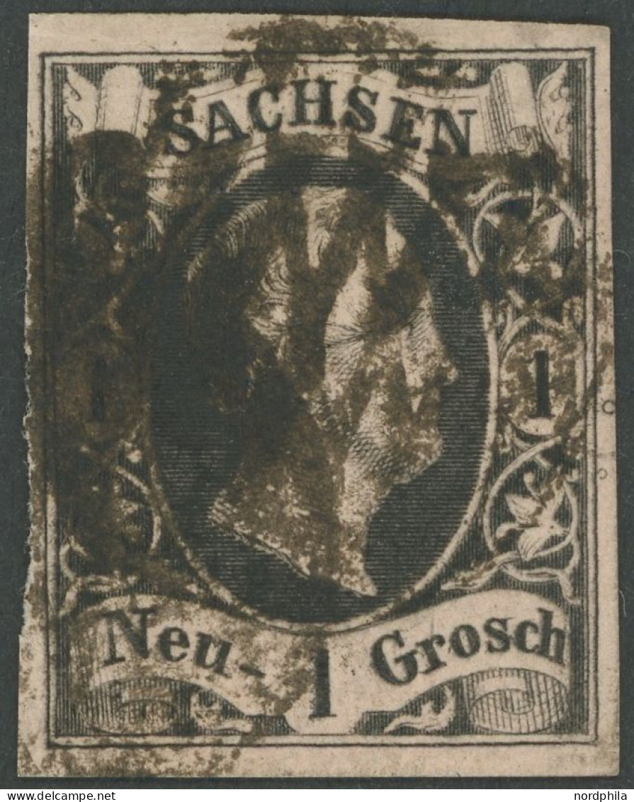 SACHSEN 4IIa PF I O, 1851, 1 Ngr. Schwarz Auf Mattgraurot, Späte Auflage, Im Rechten Rand 2 Sachsenringel, Feinst, Kurzb - Saxony