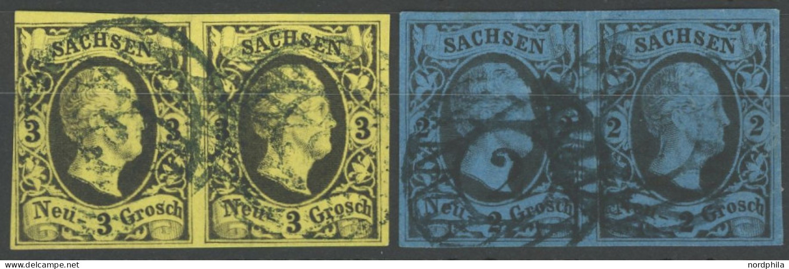 SACHSEN 6,7 Paar O, 1851/2, 3 Ngr. Schwarz Auf Mittelolivgelb Und 2 Ngr. Schwarz Auf Mittelblau, Je Im Waagerechten Paar - Sachsen