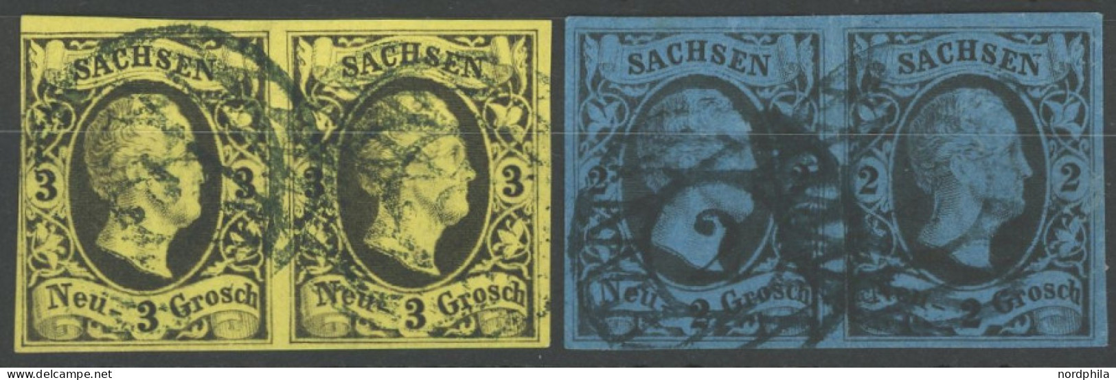 SACHSEN 6,7 Paar O, 1851/2, 3 Ngr. Schwarz Auf Mittelolivgelb Und 2 Ngr. Schwarz Auf Mittelblau, Je Im Waagerechten Paar - Saxony