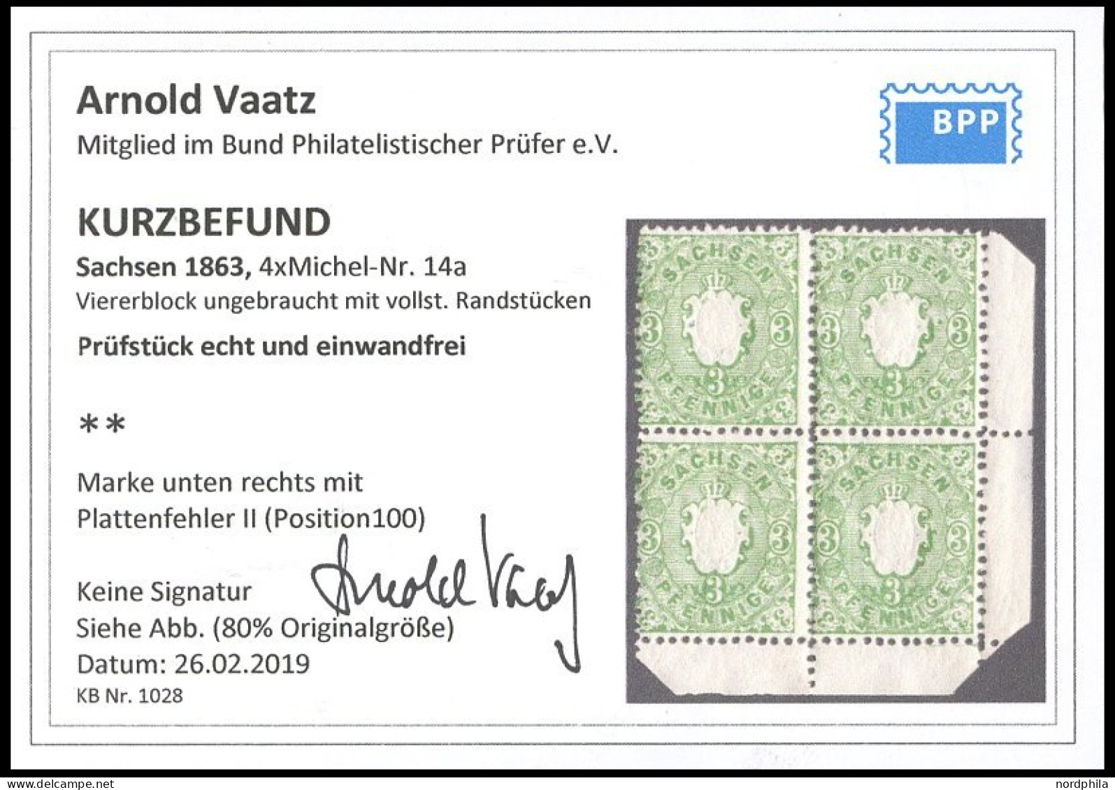 SACHSEN 14a VB , 1863, 3 Pf. Grün Im Postfrischen Viererblock Aus Der Rechten Unteren Bogenecke, Feld 100 Mit Plattenfeh - Sachsen