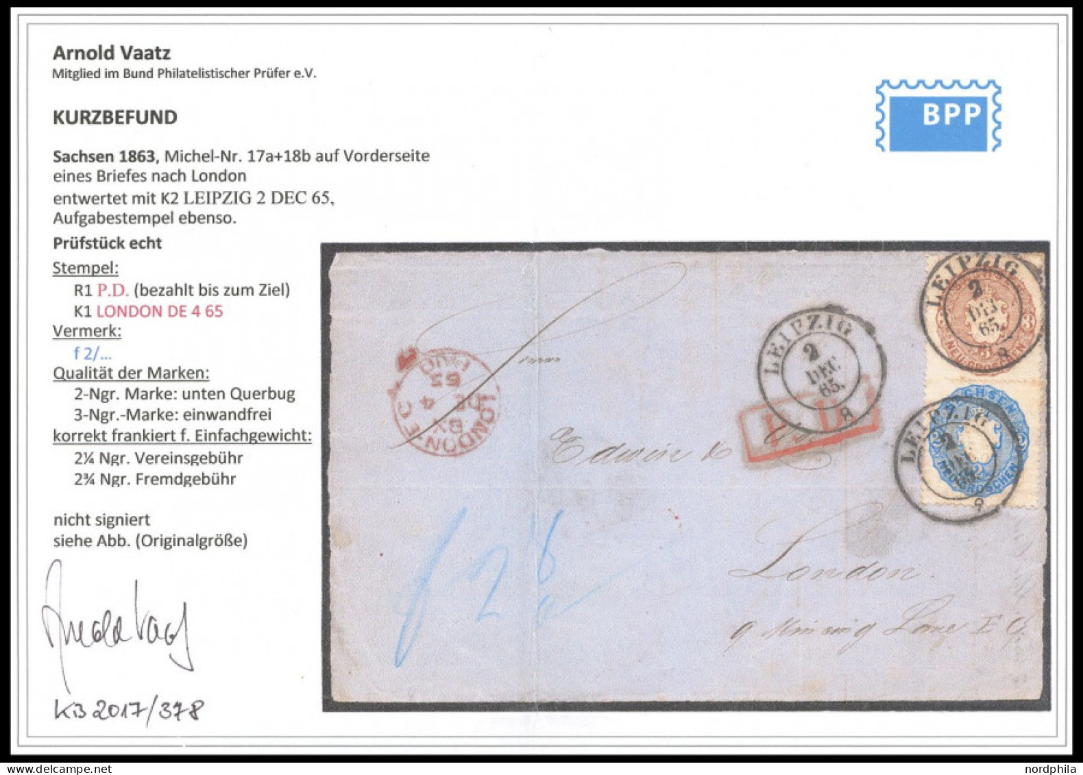 SACHSEN 17a,18b BRIEF, 1865, 2 Ngr. Blau Und 3 Ngr. Braun Auf Briefvorderseite Von LEIPZIG Nach London, 2 Ngr. Waagerech - Sachsen