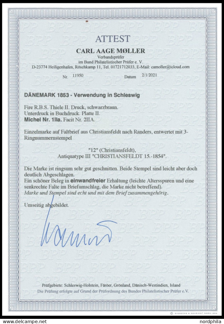 SCHLESWIG-HOLSTEIN DK 1IIa BRIEF, 12 (CHRISTIANSFELDT) Auf 4 RBS Schwarzbraun, Prachtbrief Fotoattest C.A. Møller - Schleswig-Holstein