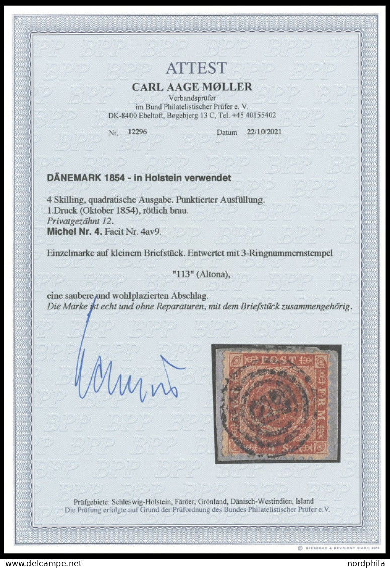 SCHLESWIG-HOLSTEIN DK 4 BrfStk, 113 (ALTONA) Auf 4 S. Punktiert, Privat Gezähnt 12 (Facit 4av9), Prachtbriefstück, Fotoa - Schleswig-Holstein