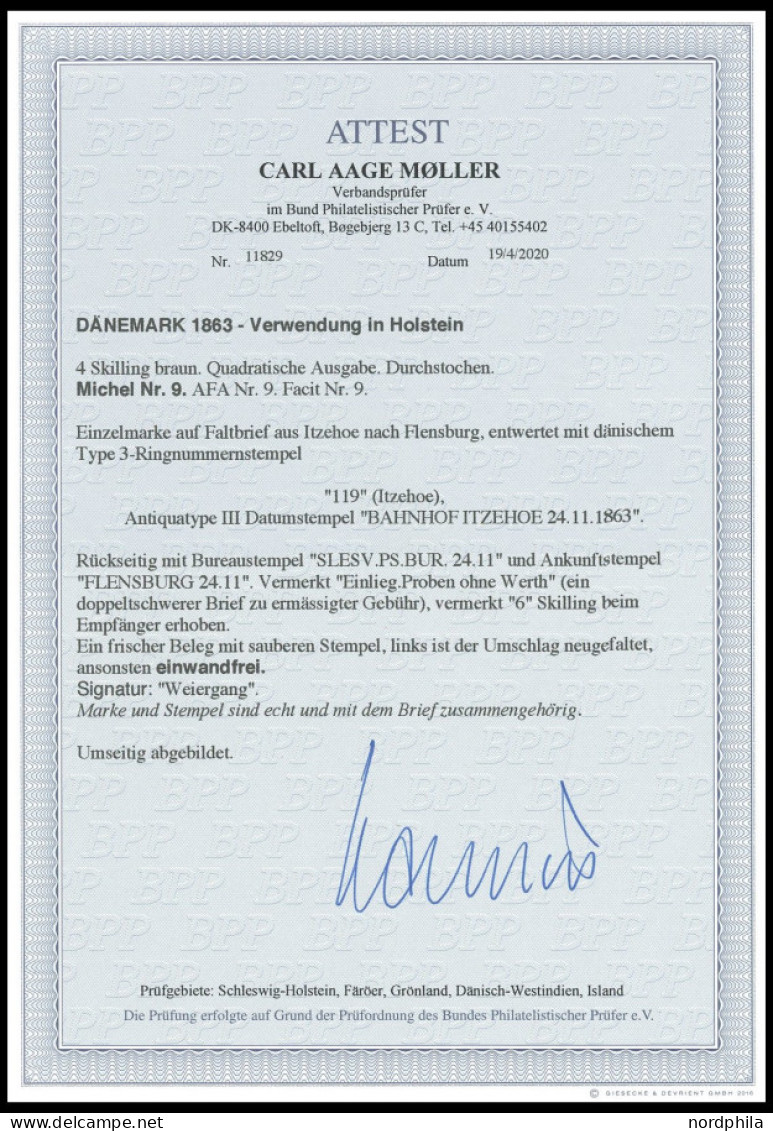 SCHLESWIG-HOLSTEIN DK 9 BRIEF, 119 (BAHNHOF ITZEHOE) Auf Brief Probe Ohne Werth Mit 4 S. Durchstochen, Pracht, Ausführli - Schleswig-Holstein