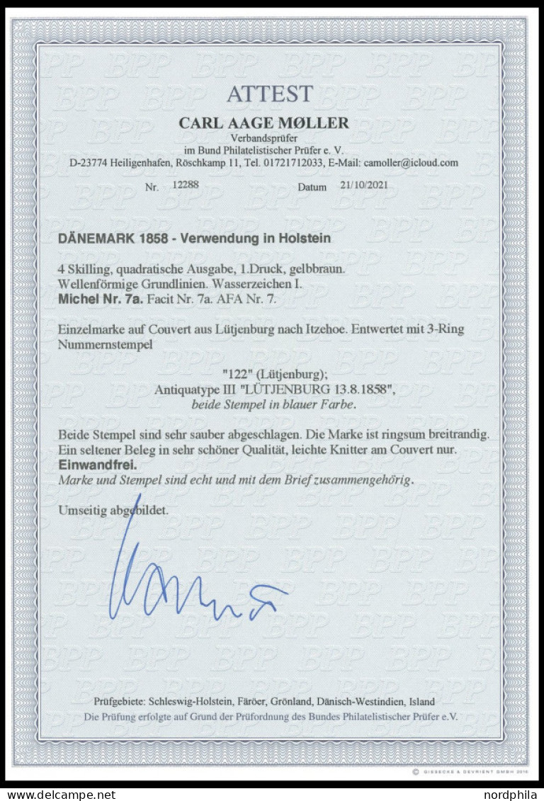 SCHLESWIG-HOLSTEIN DK 7a BRIEF, 122 (LÜTJENBURG), Beide Stempel In Blau, Auf 4 S Orangebraun Liniert, Prachtbrief Nach I - Schleswig-Holstein