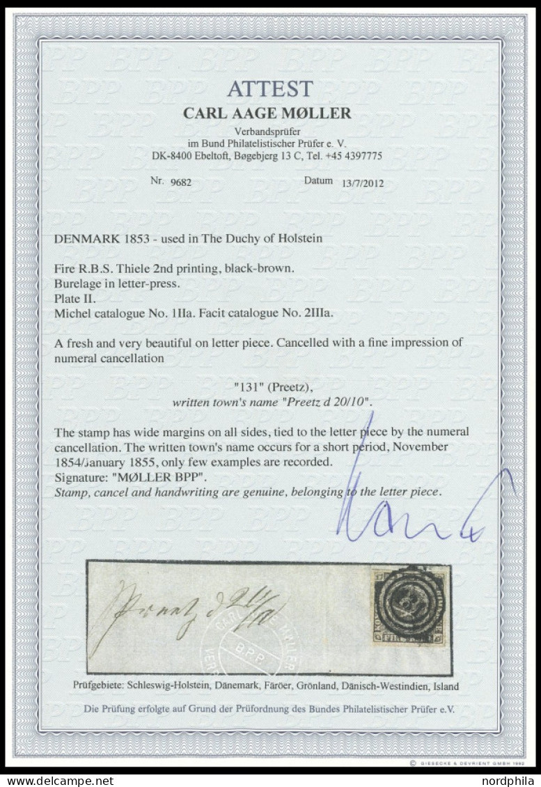 SCHLESWIG-HOLSTEIN DK 1IIa BrfStk, 131 (PREETZ) Auf 4 RBS Schwarzbraun Auf Großem Briefstück, Handschriftlich Preetz, Ka - Schleswig-Holstein