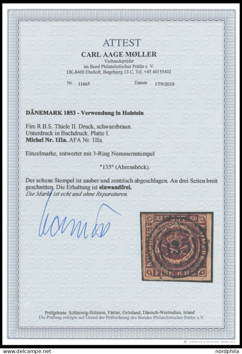 SCHLESWIG-HOLSTEIN DK 1IIa O, 135 (AHRENSBÖCK) Ideal Auf 4 RBS Schwarzbraun, Pracht, Fotoattest C.A. Møller - Schleswig-Holstein