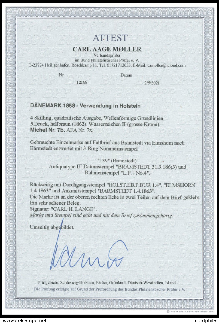 SCHLESWIG-HOLSTEIN DK 7b BRIEF, 139 (BRAMSTEDT) Und Nebenstempel L.P. No. 4 Auf Brief Mit 4 S. Braun Liniert Nach Barmst - Schleswig-Holstein