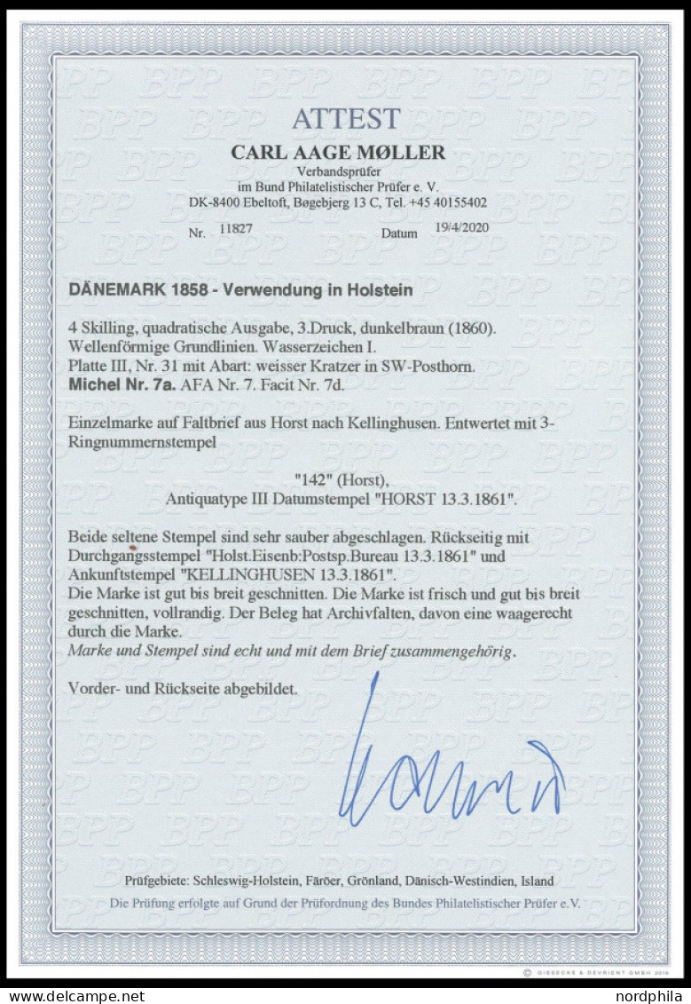 SCHLESWIG-HOLSTEIN DK 7a BRIEF, 142 (HORST) Auf 4 S. Orangebraun Liniert, Platte III, Nr. 31 Mit Abart, Auf Brief Nach K - Schleswig-Holstein