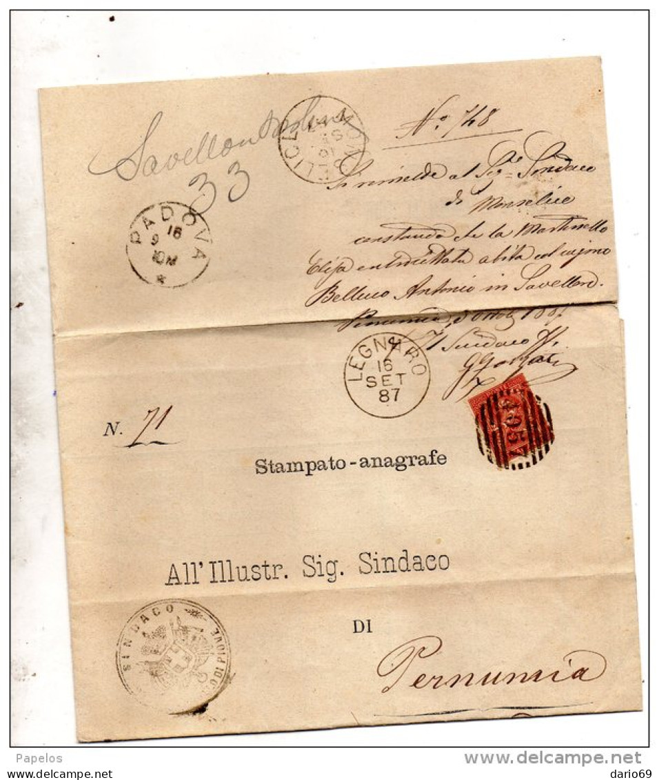 1887  LETTERA CON ANNULLO LEGNARO PADOVA - Storia Postale