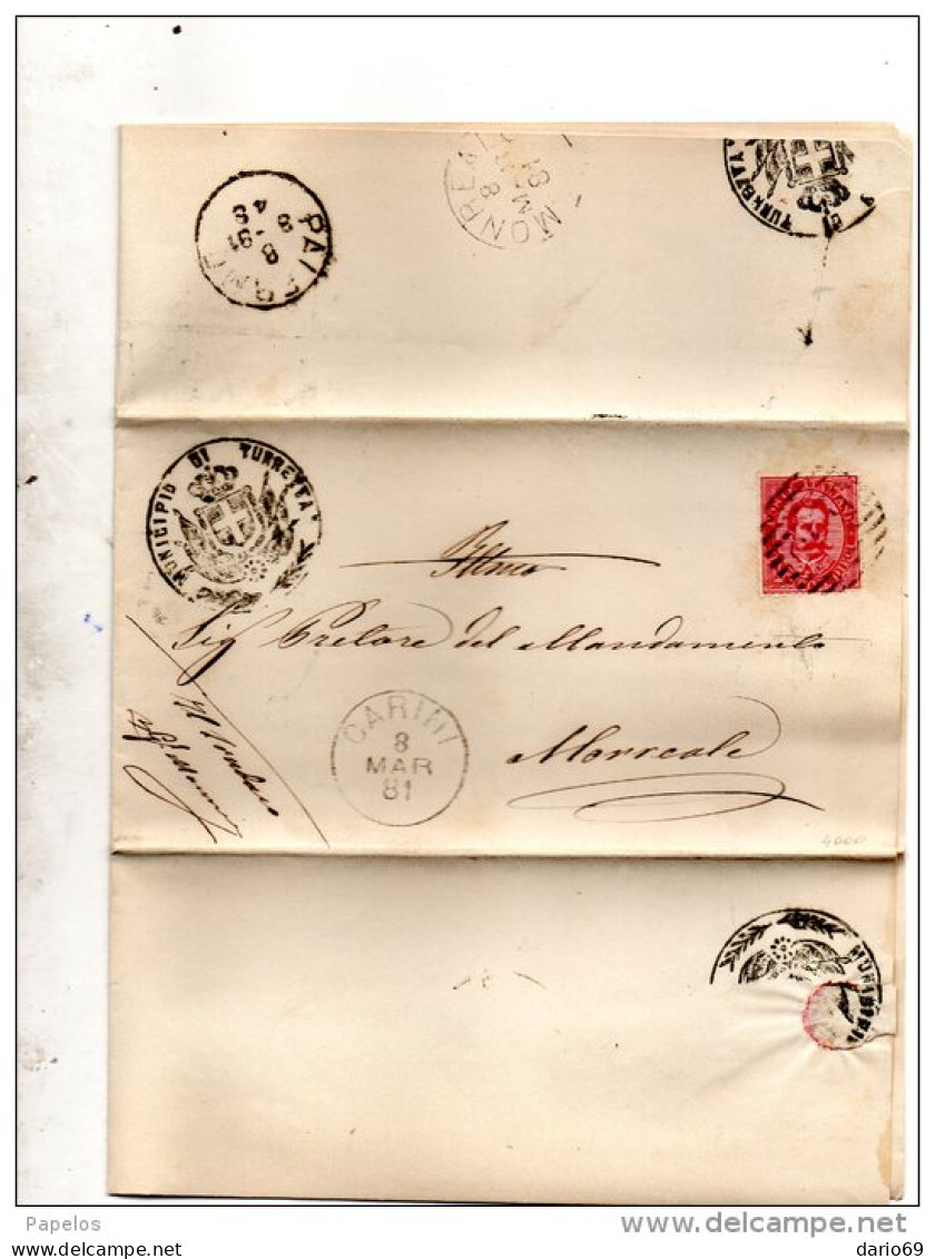 1881  LETTERA CON ANNULLO CARINI PALERMO + MONREALE - Storia Postale