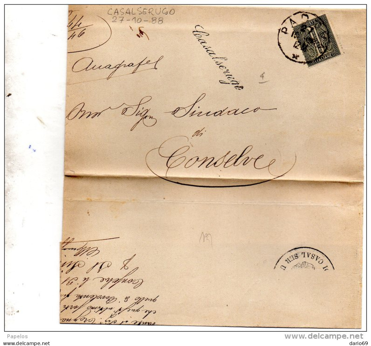 1888  LETTERA CON ANNULLO  CASALSERUGO IN CORSIVO PADOVA - Storia Postale