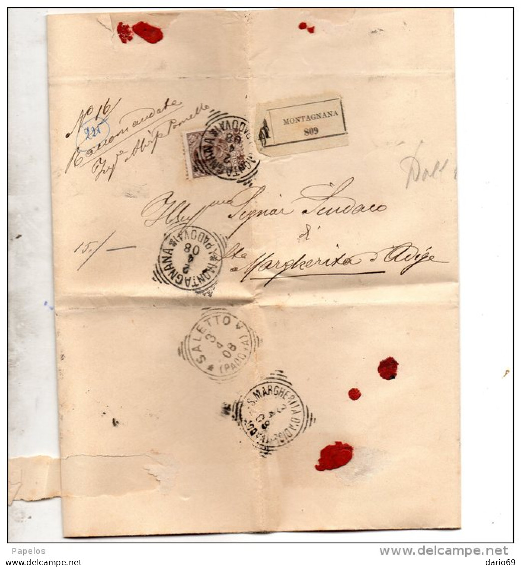 1908 LETTERA RACCOMANDATE CON ANNULLO  MONTAGNANA PADOVA  -   DIREZIONE STRADALE - Storia Postale