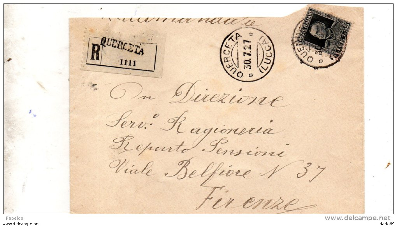 1927 LETTERA RACCOMANDATA  CON  ANNULLO QUERCETA  LUCCA - Storia Postale