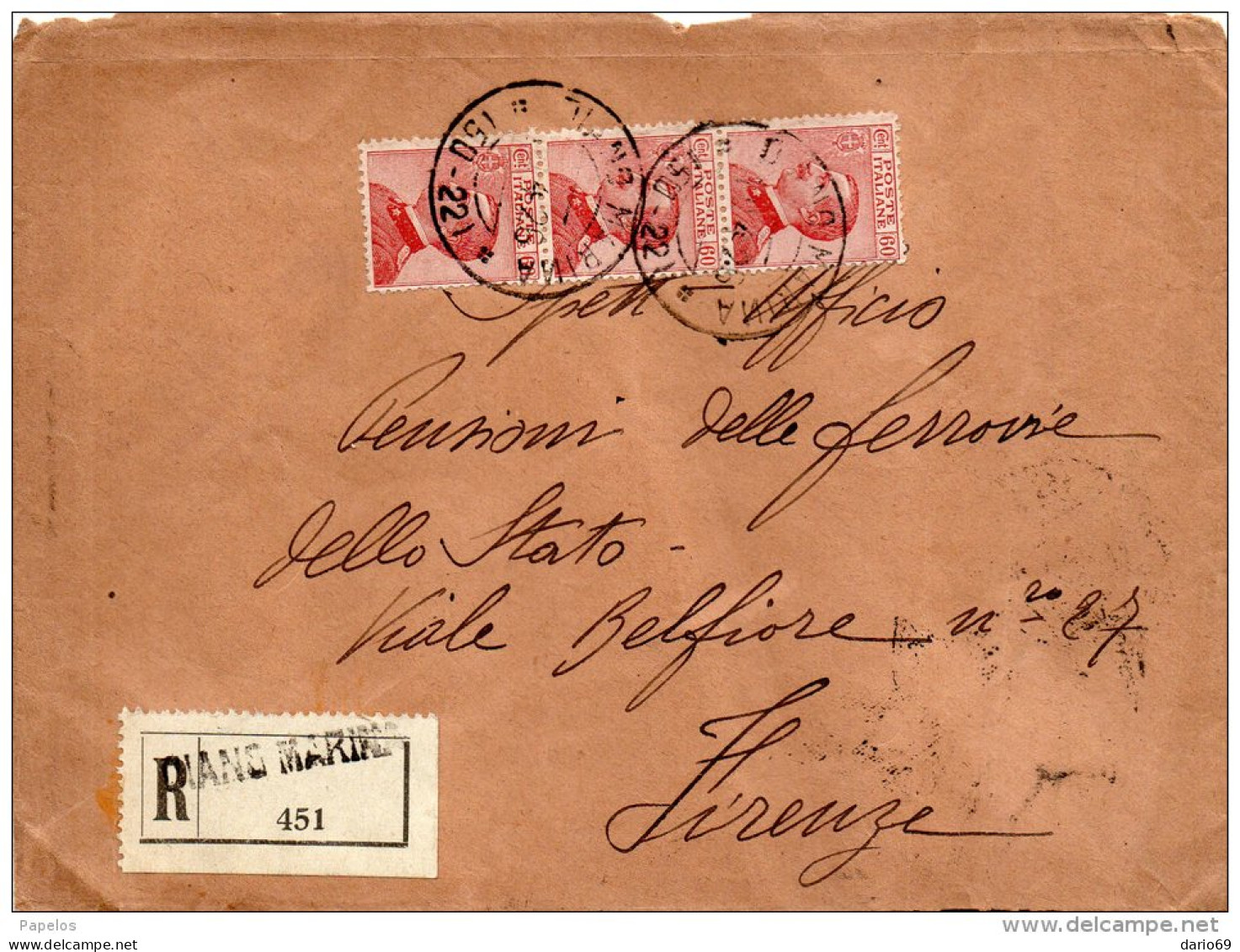 1926 LETTERA   RACCOMANDATE CON ANNULLO  DIANO MARINA IMPERIA + AMBULANTE PISA - FIRENZE - Storia Postale