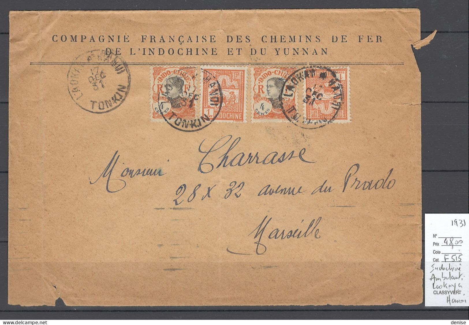 Indochine - Ambulant Laokay à Hanoi - 1931 Pour Marseille - Cartas & Documentos