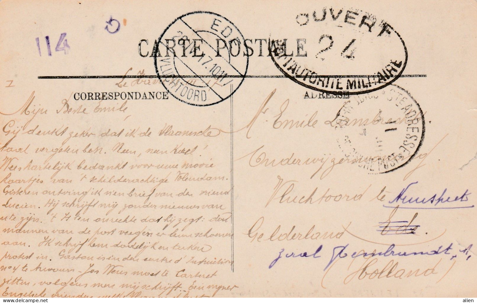 Kaart Van Le Havre Naar Vluchtoord EDE 1907, Daarna Naar Vluchtoord NUNSPEET Met Franse Censuur. - Army: Belgium